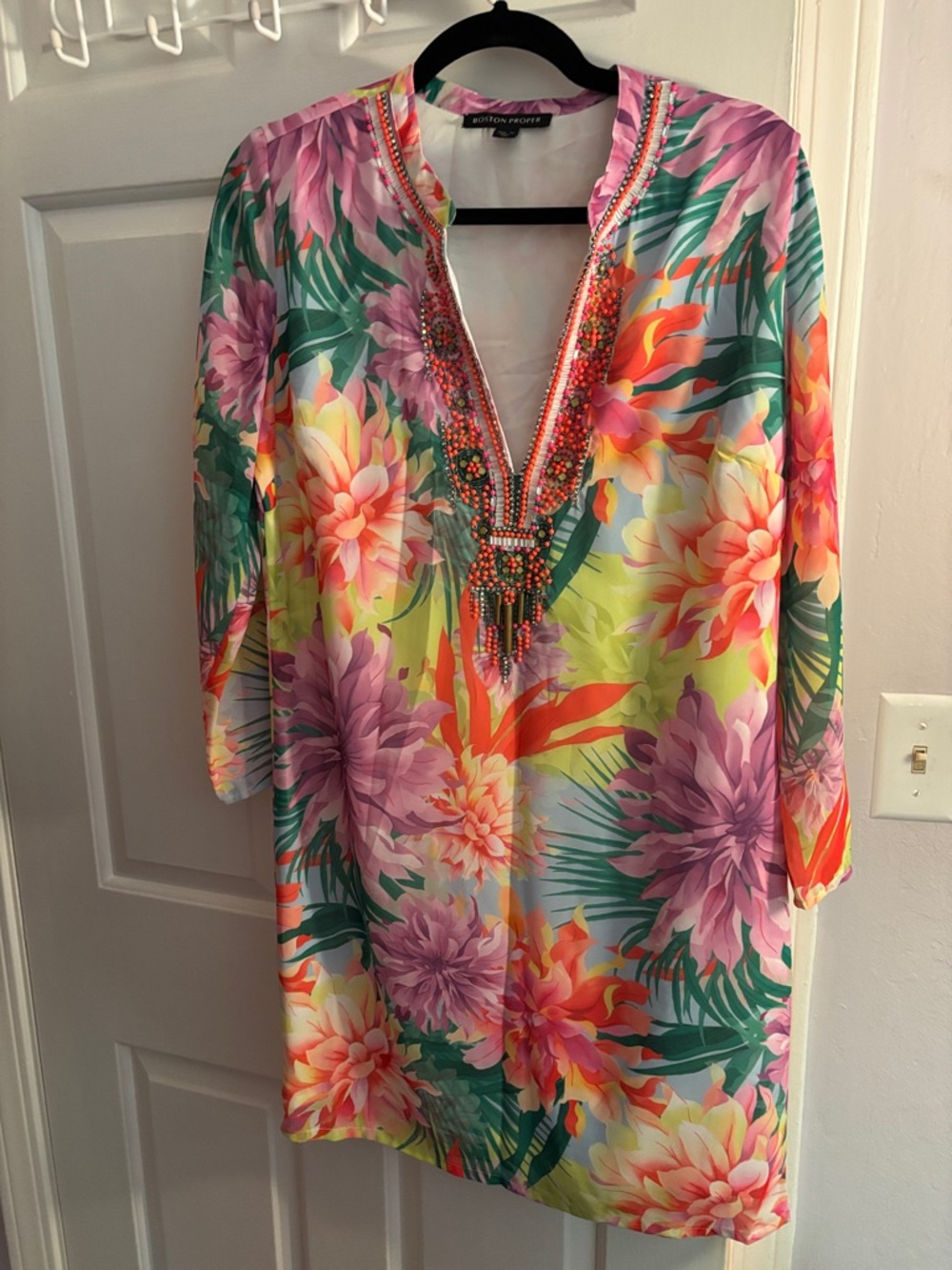 Boston Proper Neon Beaded Floral Tunic in Pink, Green, Orange, Yellow